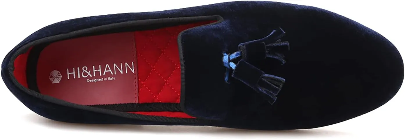 HI&HANN Tassel Men's Velvet Loafer Shoes Slip-on Loafer Round Toes Smoking Slipper