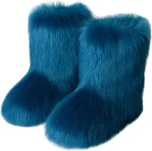 HINDOLA Womens Faux Fur Boots Winter Comfy Plush Warm Snow Boots Fuzzy Fluffy Furry Round Toe Suede Boots Comfortable Winter Ankle Booties Anti Slip Outdoor Indoor Flat Shoes