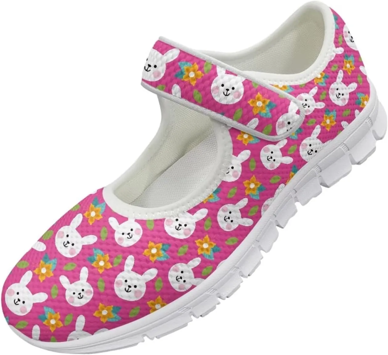 Howilath Easter Bunny Print Women's Ballet Flats Round Toe Mary Janes Ballerina Shoes with Magic Sticker