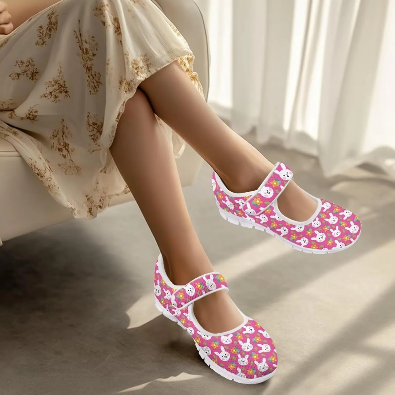 Howilath Easter Bunny Print Women's Ballet Flats Round Toe Mary Janes Ballerina Shoes with Magic Sticker