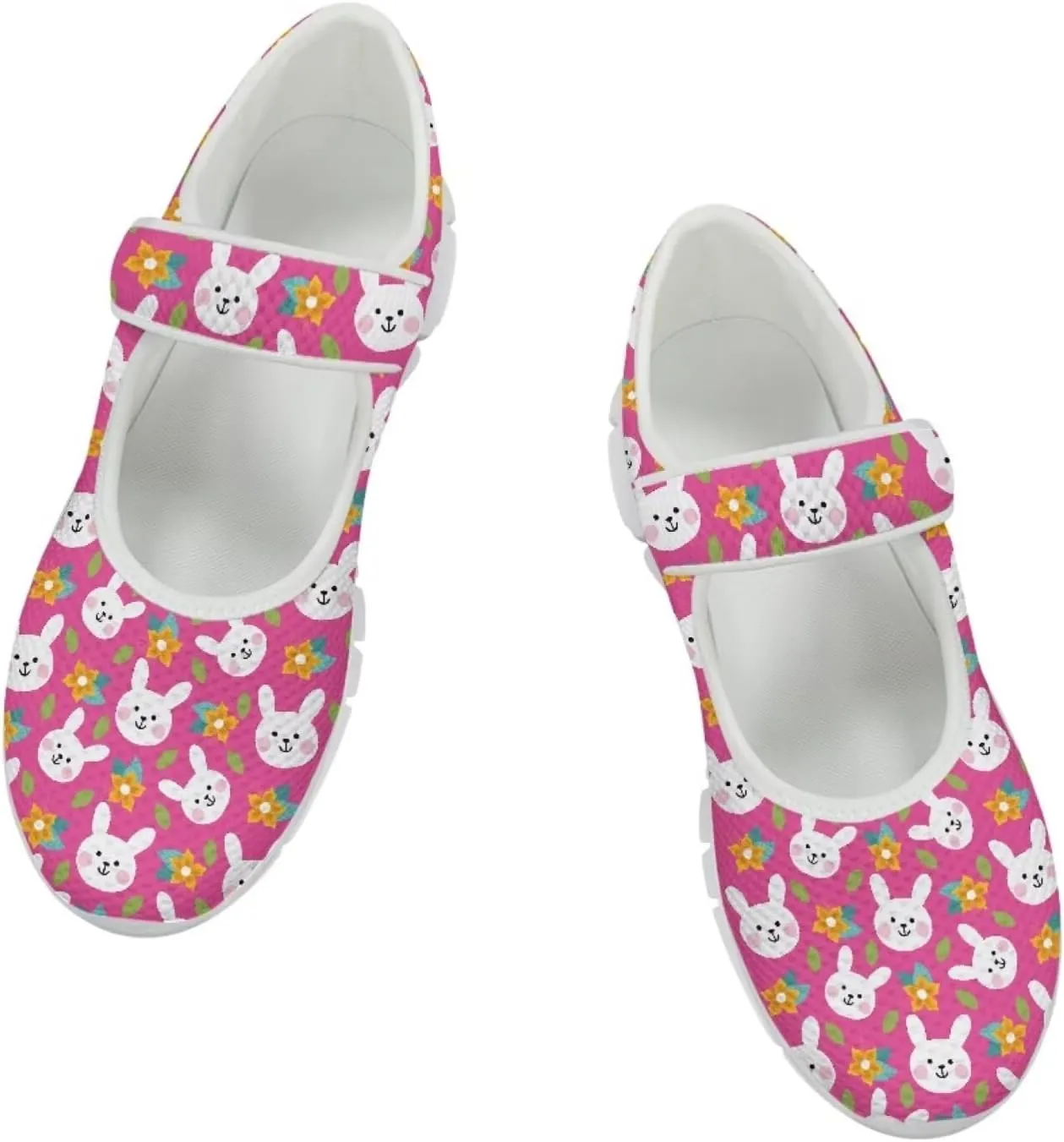 Howilath Easter Bunny Print Women's Ballet Flats Round Toe Mary Janes Ballerina Shoes with Magic Sticker