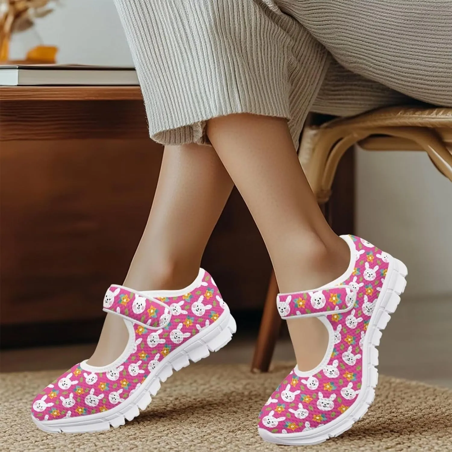Howilath Easter Bunny Print Women's Ballet Flats Round Toe Mary Janes Ballerina Shoes with Magic Sticker