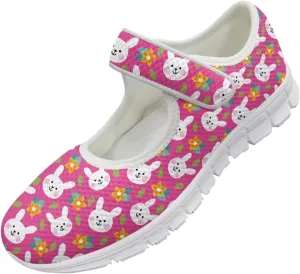 Howilath Easter Bunny Print Women's Ballet Flats Round Toe Mary Janes Ballerina Shoes with Magic Sticker