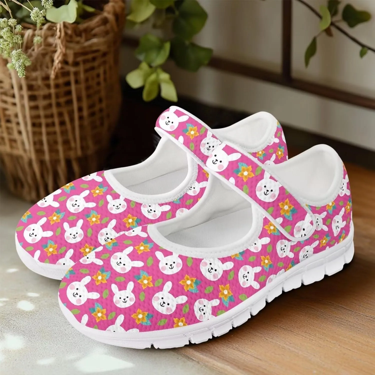 Howilath Easter Bunny Print Women's Ballet Flats Round Toe Mary Janes Ballerina Shoes with Magic Sticker