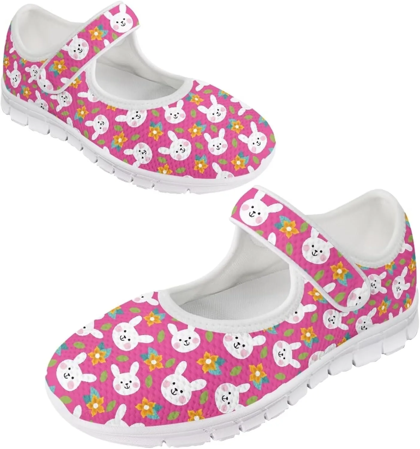 Howilath Easter Bunny Print Women's Ballet Flats Round Toe Mary Janes Ballerina Shoes with Magic Sticker