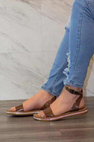 Jazmin - Clear Strap Flat Sandals with Rhinestone Edge Detailing, Slip-On Design for Effortless Style & Summer Glam