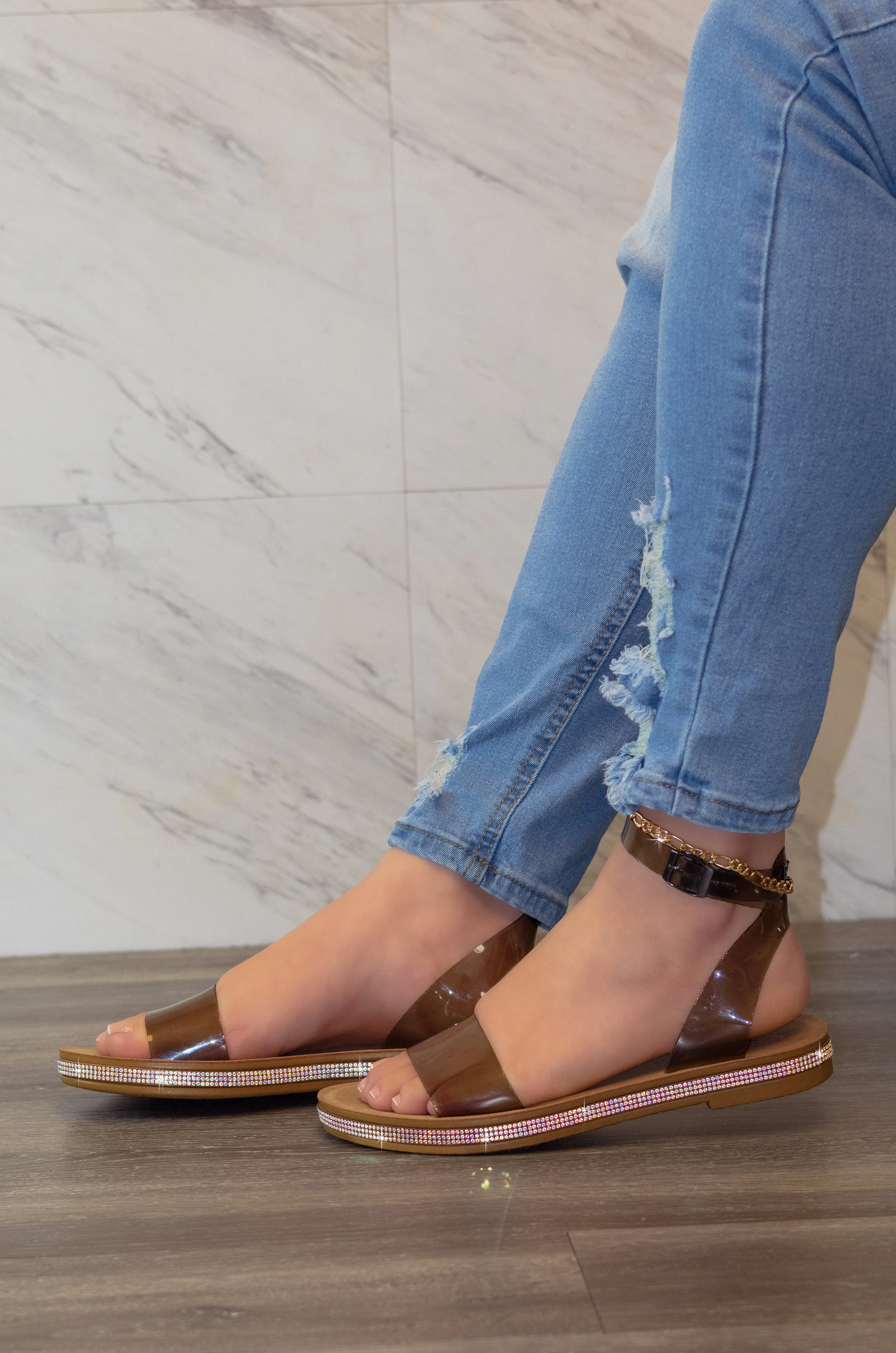 Jazmin - Clear Strap Flat Sandals with Rhinestone Edge Detailing, Slip-On Design for Effortless Style & Summer Glam