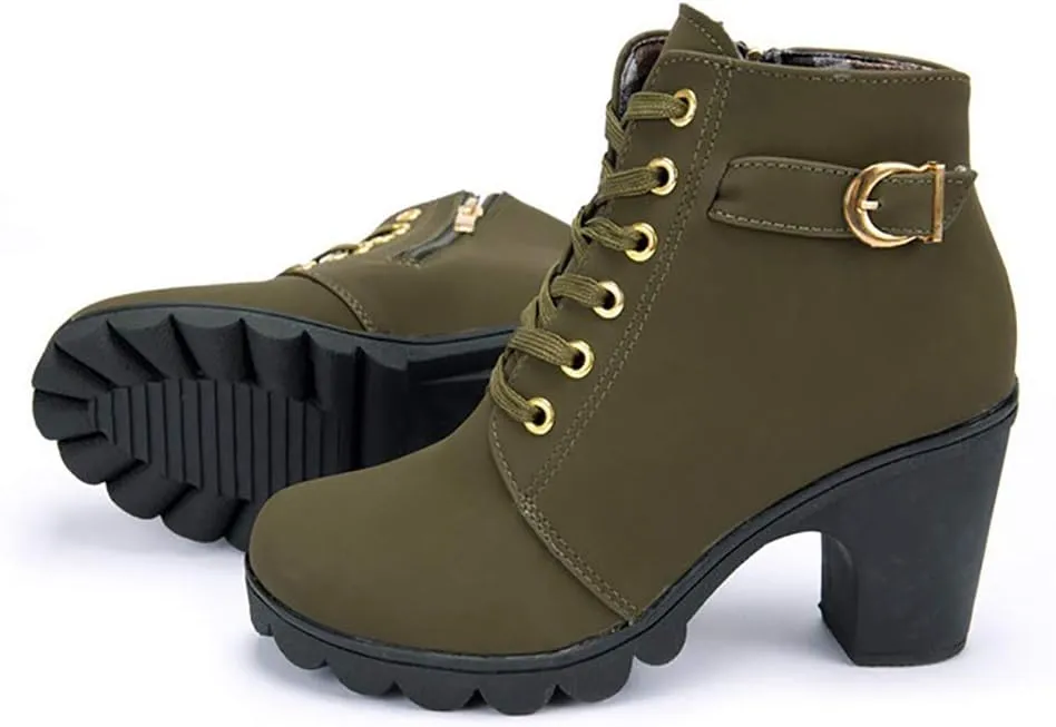 JITUUE Women Round Toe Belt Buckle Thick High Heel Platform Side Zipper Oxford Ankle Boots
