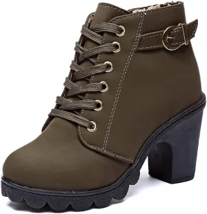 JITUUE Women Round Toe Belt Buckle Thick High Heel Platform Side Zipper Oxford Ankle Boots