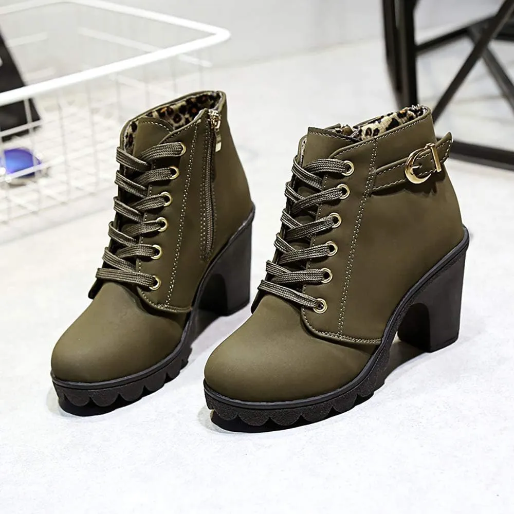 JITUUE Women Round Toe Belt Buckle Thick High Heel Platform Side Zipper Oxford Ankle Boots