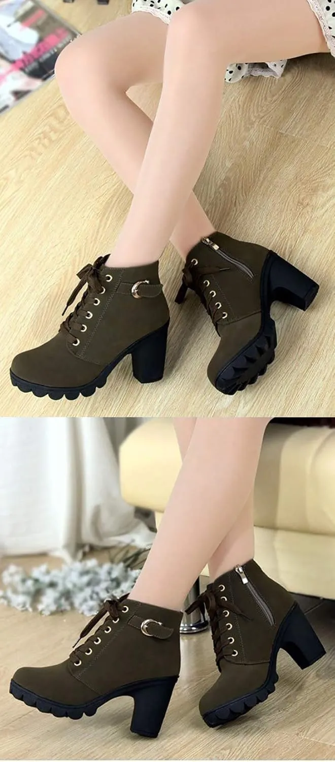 JITUUE Women Round Toe Belt Buckle Thick High Heel Platform Side Zipper Oxford Ankle Boots