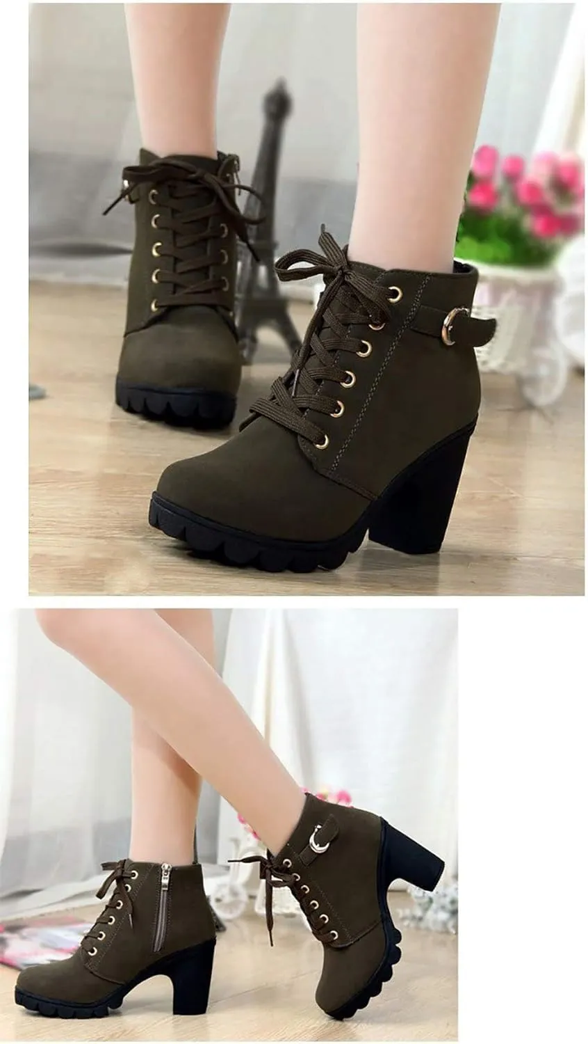 JITUUE Women Round Toe Belt Buckle Thick High Heel Platform Side Zipper Oxford Ankle Boots