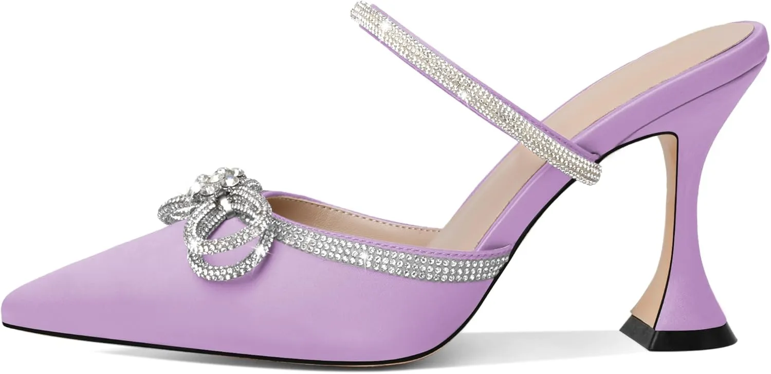 Joseywade Rhinstone Bow Mule Heels High Heels Closed Pointed Toe Spool Heel Slip-on Sandals 3.5" Wedding Crystal Ankle Strap Backless Shoes For Bridal Bridesmaid Engagement