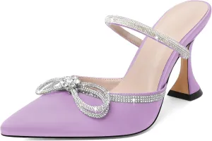 Joseywade Rhinstone Bow Mule Heels High Heels Closed Pointed Toe Spool Heel Slip-on Sandals 3.5" Wedding Crystal Ankle Strap Backless Shoes For Bridal Bridesmaid Engagement