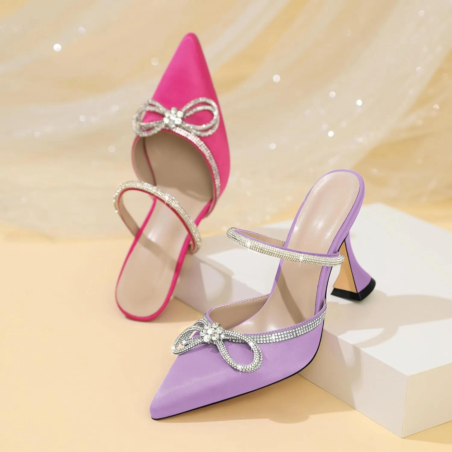 Joseywade Rhinstone Bow Mule Heels High Heels Closed Pointed Toe Spool Heel Slip-on Sandals 3.5" Wedding Crystal Ankle Strap Backless Shoes For Bridal Bridesmaid Engagement