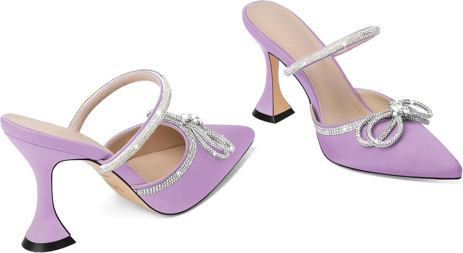 Joseywade Rhinstone Bow Mule Heels High Heels Closed Pointed Toe Spool Heel Slip-on Sandals 3.5" Wedding Crystal Ankle Strap Backless Shoes For Bridal Bridesmaid Engagement