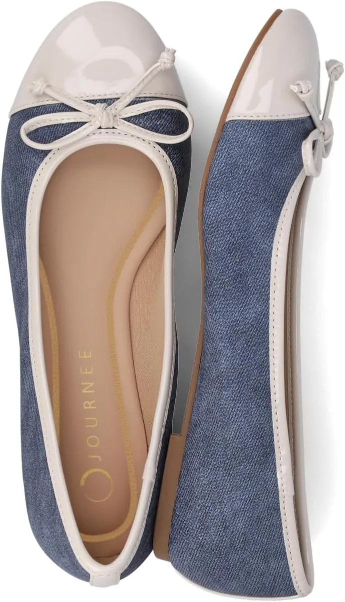 Journee Collection Womens Kaiah Ballet Dress Flats with Bow Cushioned Slip On Round Cap Toe Two Tone Mesh Shoe