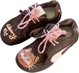 Kawaii Cute Retro Kitten Cat-Themed Trainer Sneakers for Women Soft Sole Casual Running Walking Flat Shoes Non-Slip