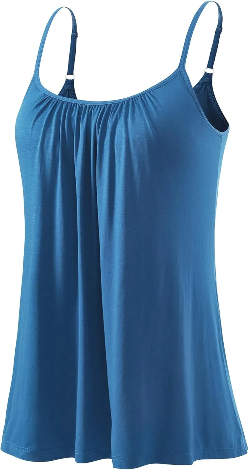 Kniffi Womens Camisole Tank Top Built in Bra Cami Pleated Loose Fit Camisole Adjustable Strap S-XXXXL