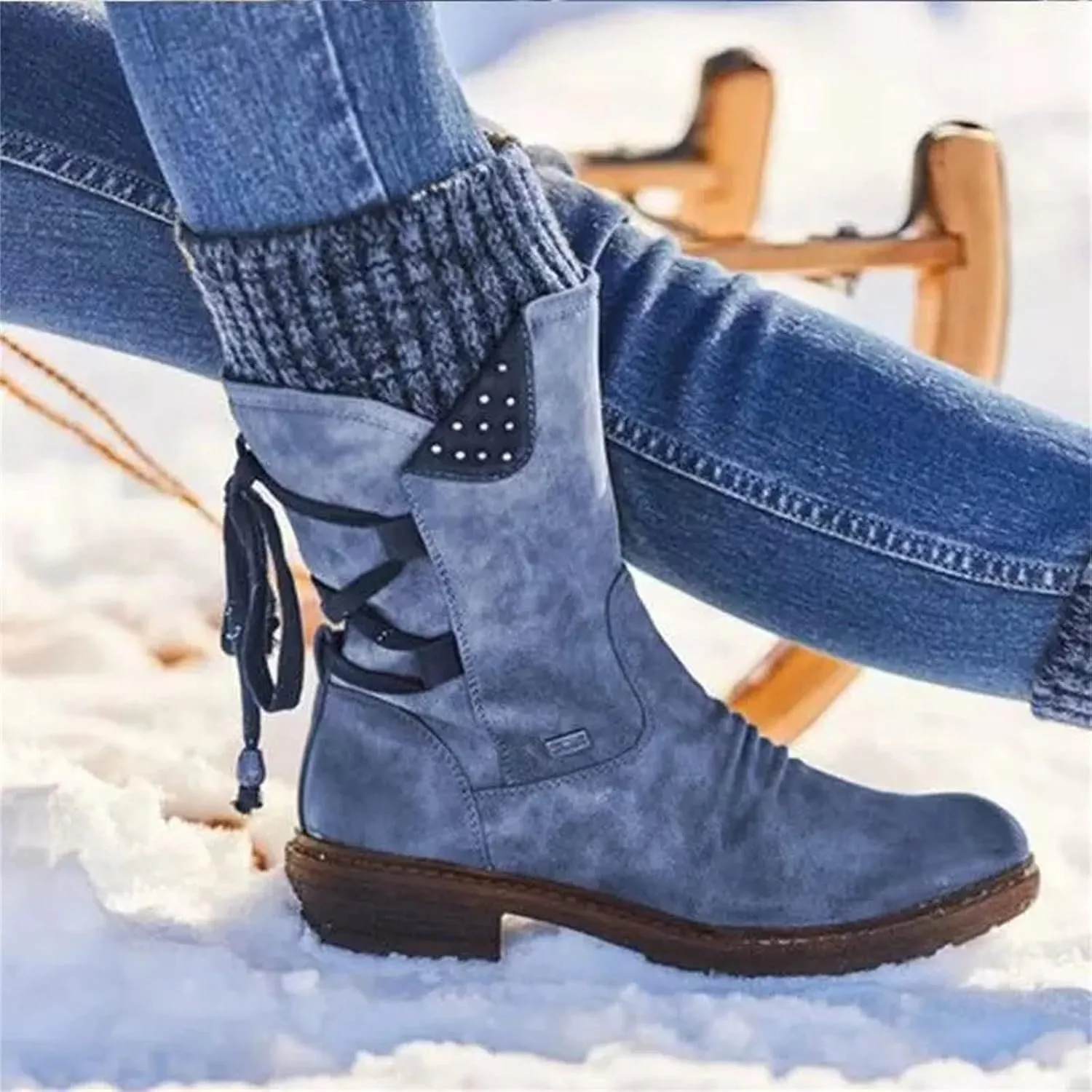 Ladmiple Ankle Boots Women Comfort Mid Calf Riding Winter Boots Side Zipper Low Heel Motorcycle Combat Military Biker Western Booties