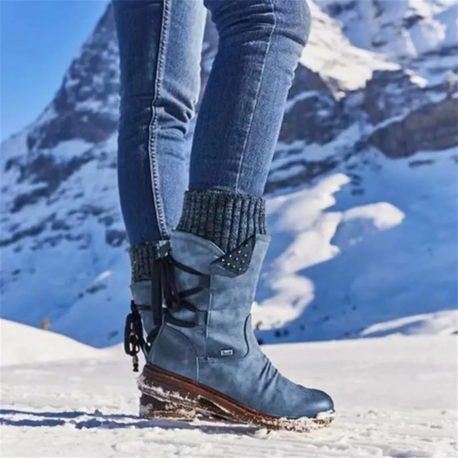 Ladmiple Ankle Boots Women Comfort Mid Calf Riding Winter Boots Side Zipper Low Heel Motorcycle Combat Military Biker Western Booties