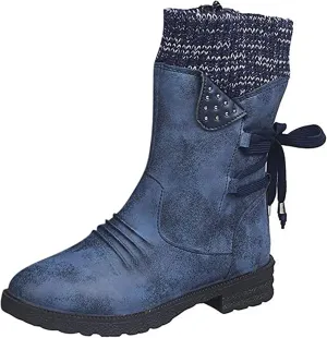 Ladmiple Ankle Boots Women Comfort Mid Calf Riding Winter Boots Side Zipper Low Heel Motorcycle Combat Military Biker Western Booties