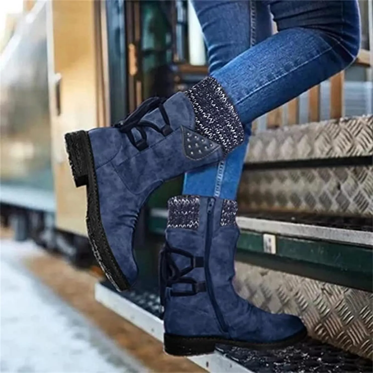 Ladmiple Ankle Boots Women Comfort Mid Calf Riding Winter Boots Side Zipper Low Heel Motorcycle Combat Military Biker Western Booties