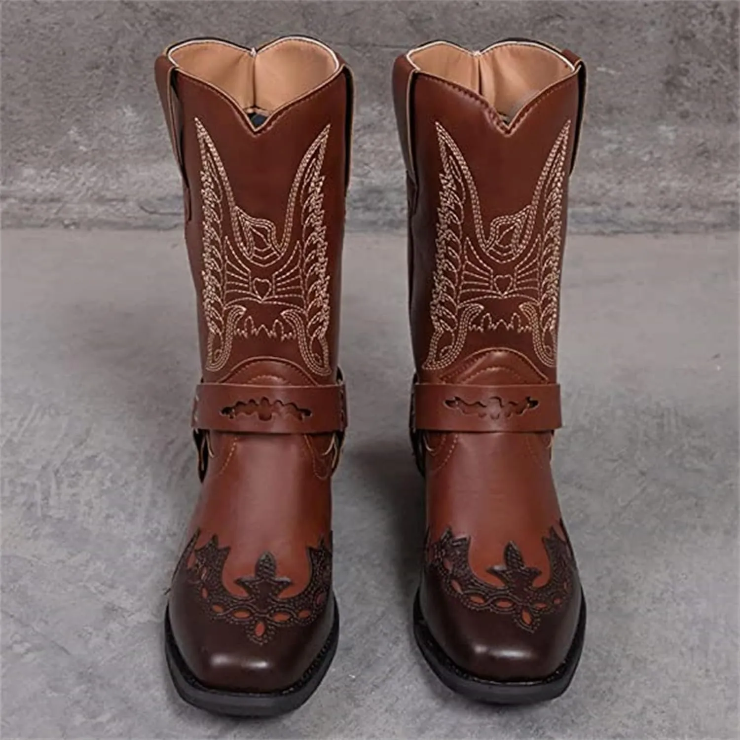 Ladmiple Cowgirl Boots Women Wide Calf Knee High Embroidered Pull On Cowboy Western Chunky Heel Mid Calf Wedding Boots
