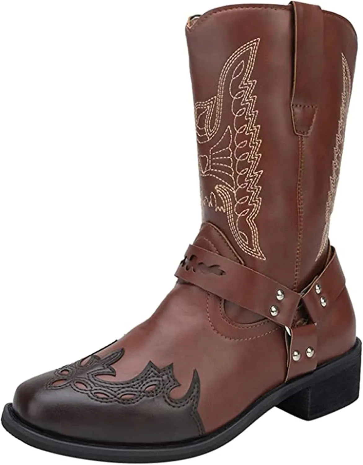 Ladmiple Cowgirl Boots Women Wide Calf Knee High Embroidered Pull On Cowboy Western Chunky Heel Mid Calf Wedding Boots