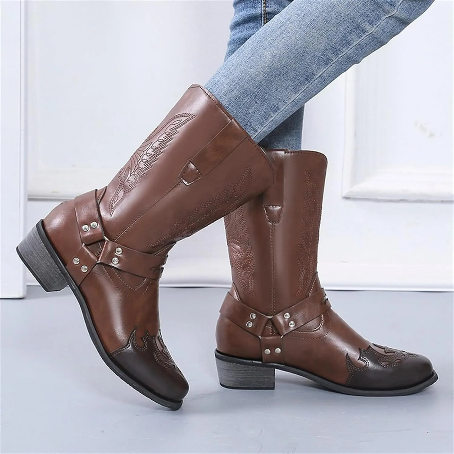 Ladmiple Cowgirl Boots Women Wide Calf Knee High Embroidered Pull On Cowboy Western Chunky Heel Mid Calf Wedding Boots