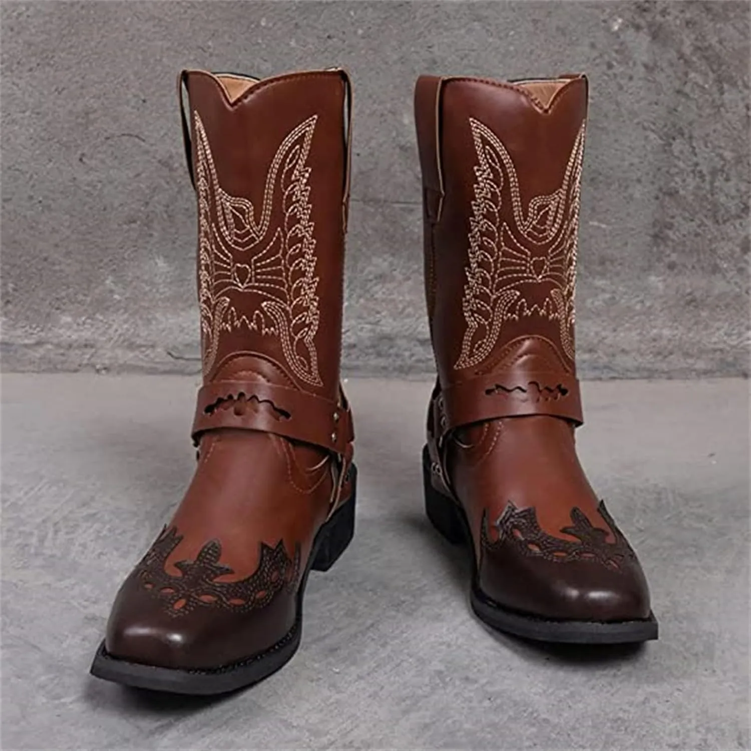 Ladmiple Cowgirl Boots Women Wide Calf Knee High Embroidered Pull On Cowboy Western Chunky Heel Mid Calf Wedding Boots