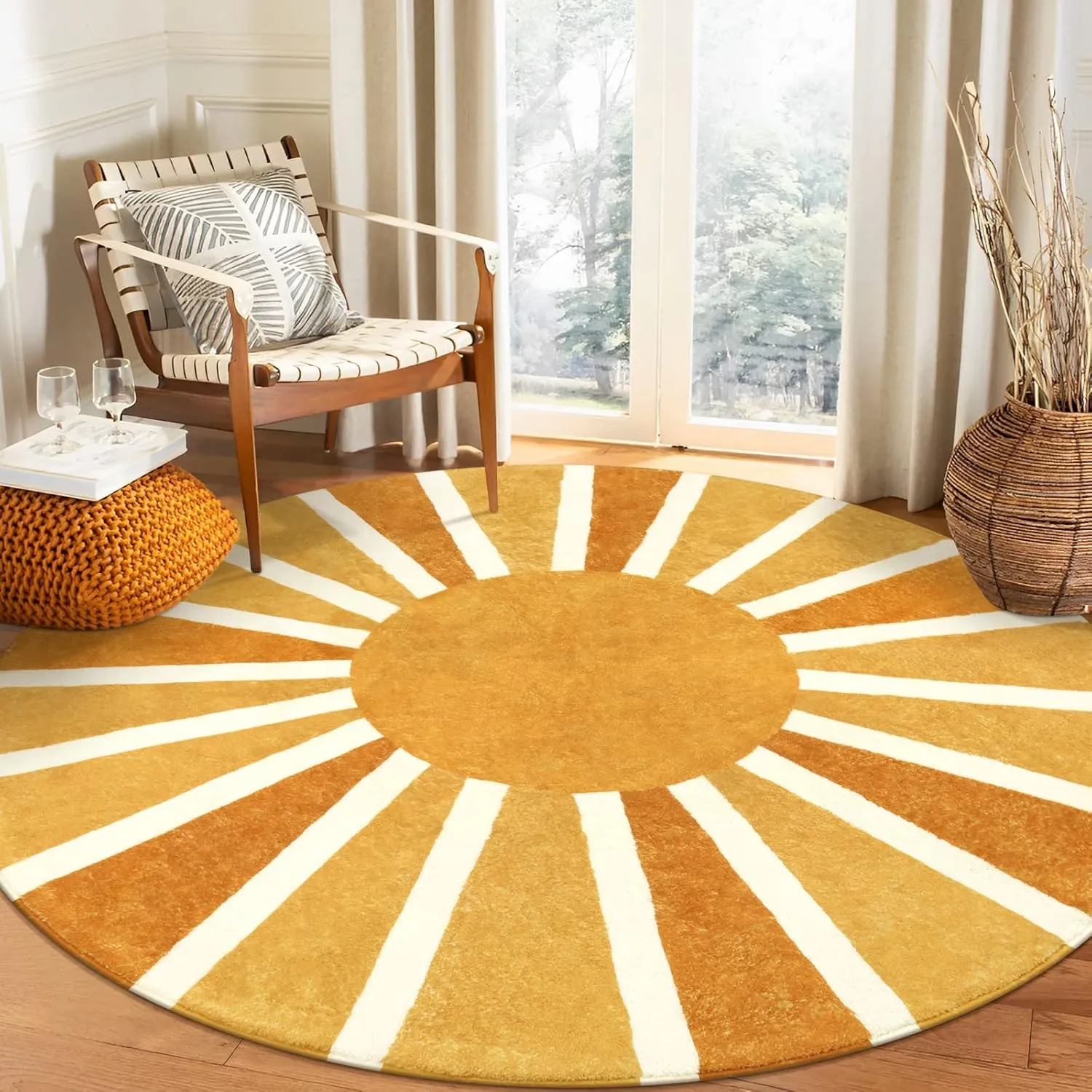 Lahome Boho Round Rug - 3Ft Washable Round Area Rug Non-Slip Small Round Bathroom Rug Throw Soft Kids Nursery Room Rugs Rainbow Sun Print Distressed Round Carpet for Bedroom Entryway Sofa Living Room