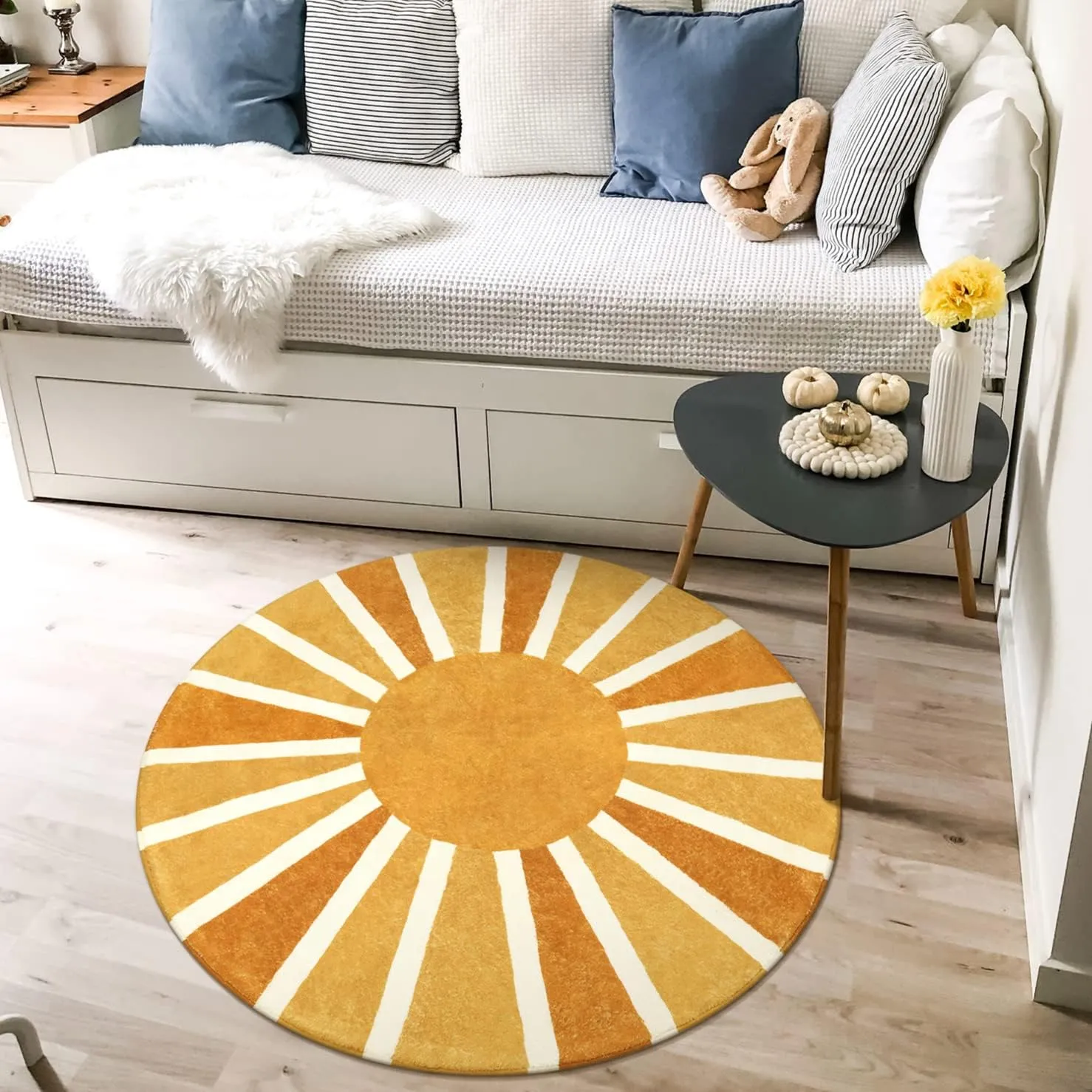 Lahome Boho Round Rug - 3Ft Washable Round Area Rug Non-Slip Small Round Bathroom Rug Throw Soft Kids Nursery Room Rugs Rainbow Sun Print Distressed Round Carpet for Bedroom Entryway Sofa Living Room