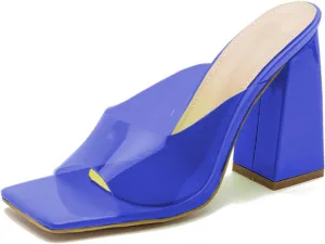 LEMUTISME Women's Stylish Minimalist Square Open Toe Slip On PVC Clear Comfort 4 Inches Chunky High Heel Backless Mule Sandals