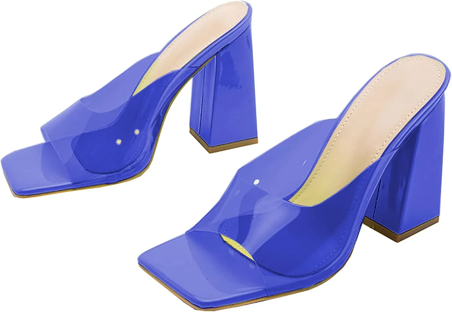 LEMUTISME Women's Stylish Minimalist Square Open Toe Slip On PVC Clear Comfort 4 Inches Chunky High Heel Backless Mule Sandals
