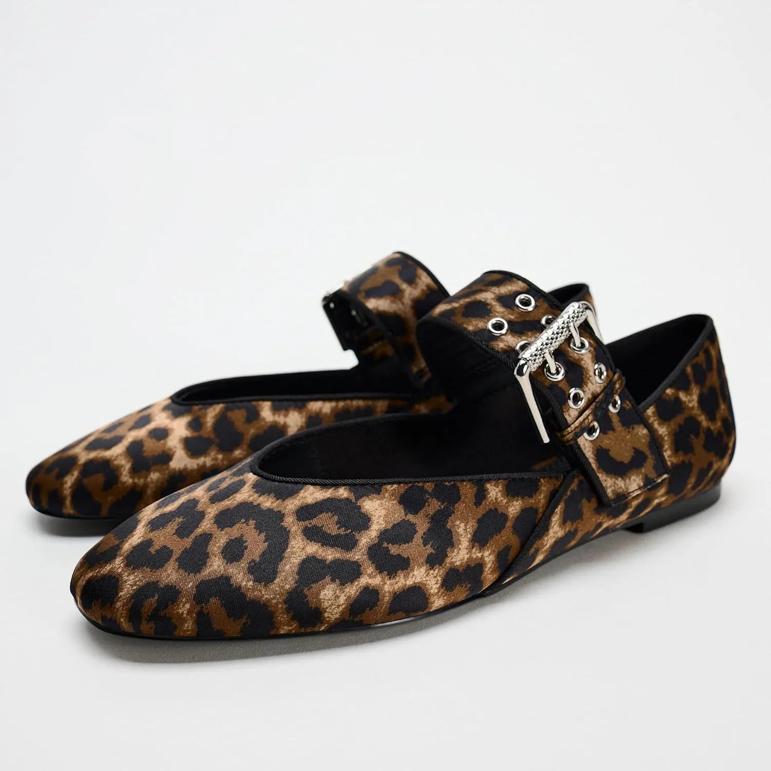 Leopard Print Ballet Flats Womens Round Toe Buckle Strap Mary Jane Flat Comfortable Casual Fall Ballerina Shoes