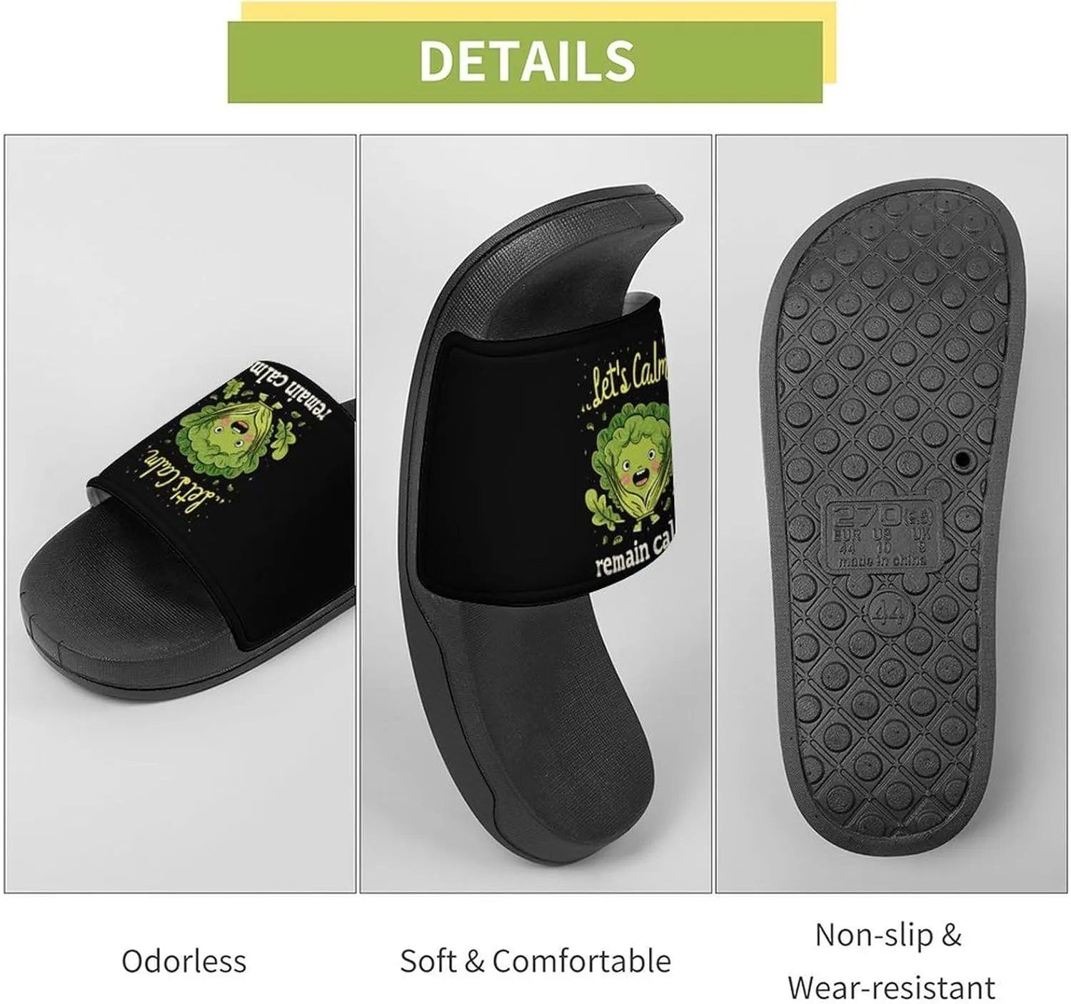 Lettuce Remain Calm Cute Vegetable Men's Slide Sandal Non Slip Shower Shoes Bathroom Slippers for Pool Beach