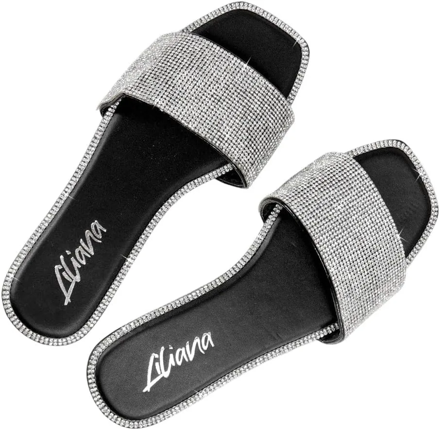 Liliana Womens Rhinestone Flat Sandals Slip On Slide sandals