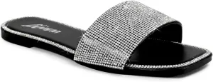 Liliana Womens Rhinestone Flat Sandals Slip On Slide sandals