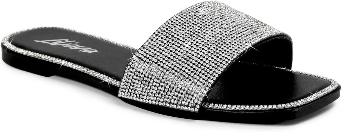 Liliana Womens Rhinestone Flat Sandals Slip On Slide sandals