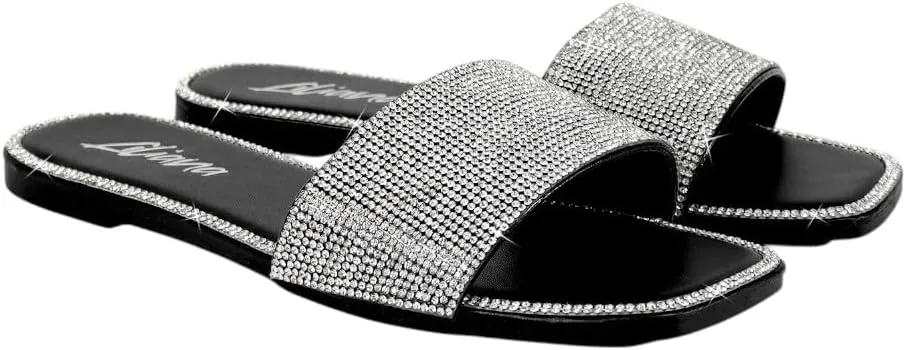 Liliana Womens Rhinestone Flat Sandals Slip On Slide sandals