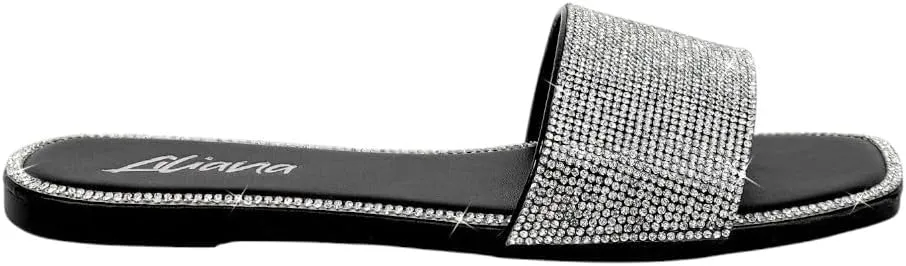 Liliana Womens Rhinestone Flat Sandals Slip On Slide sandals