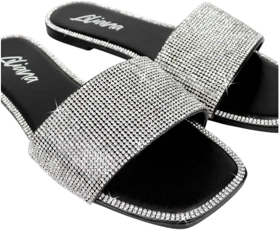 Liliana Womens Rhinestone Flat Sandals Slip On Slide sandals