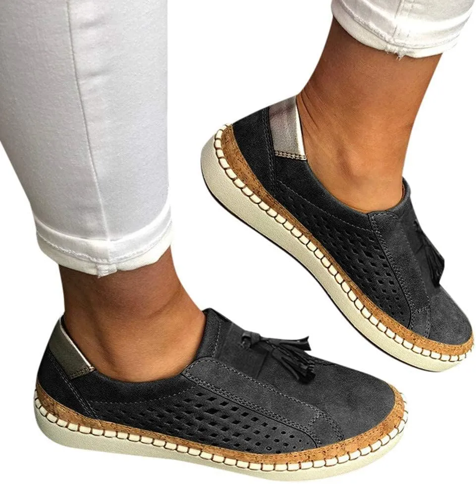 Loafers for Women Comfort Walking Shoes Womens Casual Round Toe Breathable Hollow Out Tassel Walking Beach Shoes Slip On Canvas Flats Comfy Lightweight Walking Office Outdoor Going Out Footwear