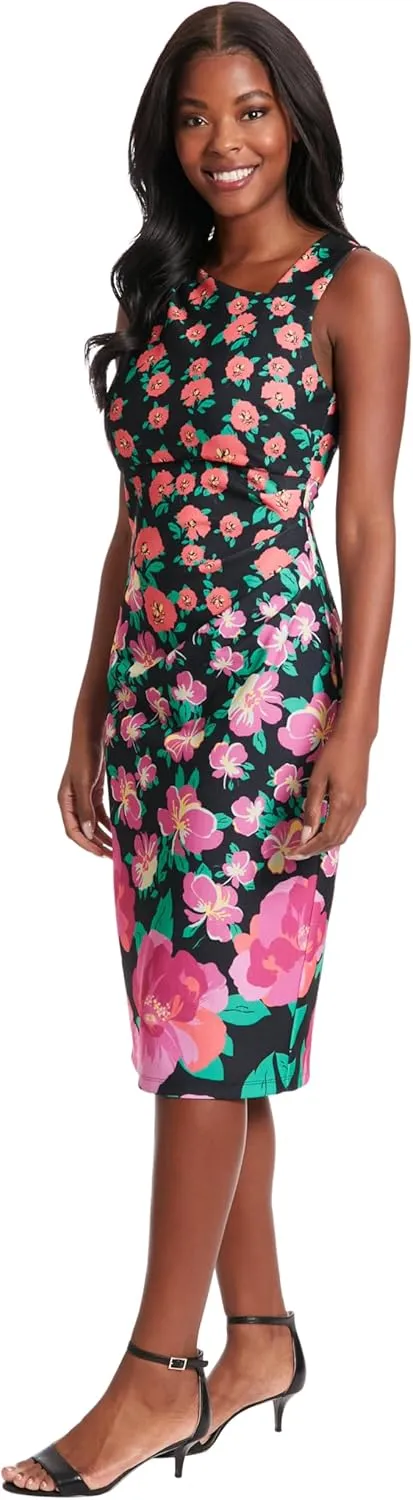 London Times Sleeveless, Asymmetric Neck, Pleated Midi Wedding Guest Dresses for Women