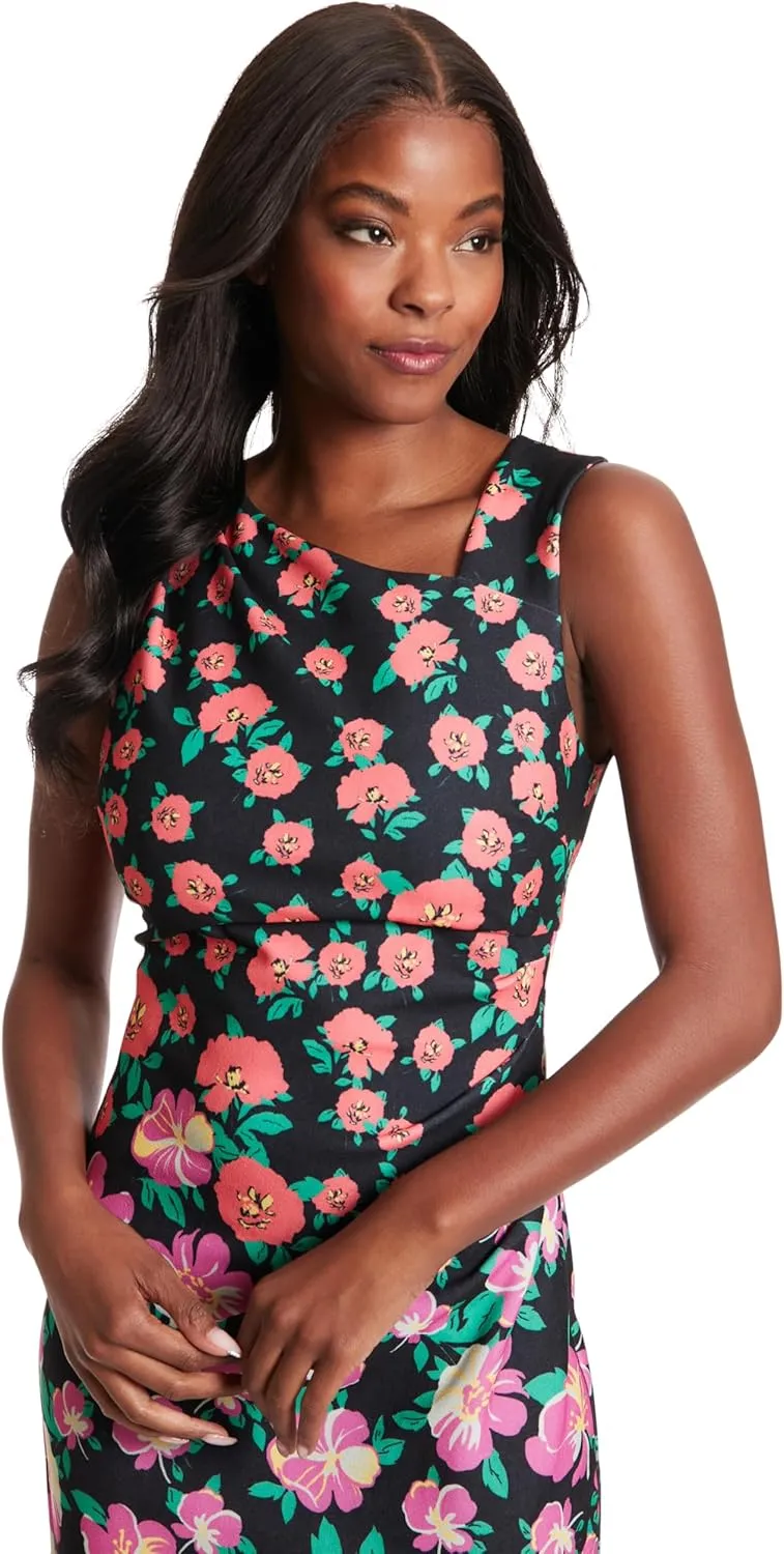 London Times Sleeveless, Asymmetric Neck, Pleated Midi Wedding Guest Dresses for Women