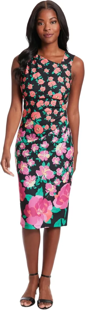 London Times Sleeveless, Asymmetric Neck, Pleated Midi Wedding Guest Dresses for Women