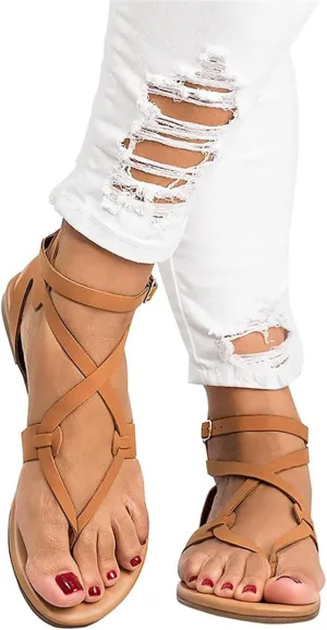 LONG-M Women's Buckle Casual Sandals Cross-Lace Flat Shoes Summer Beach Shoes
