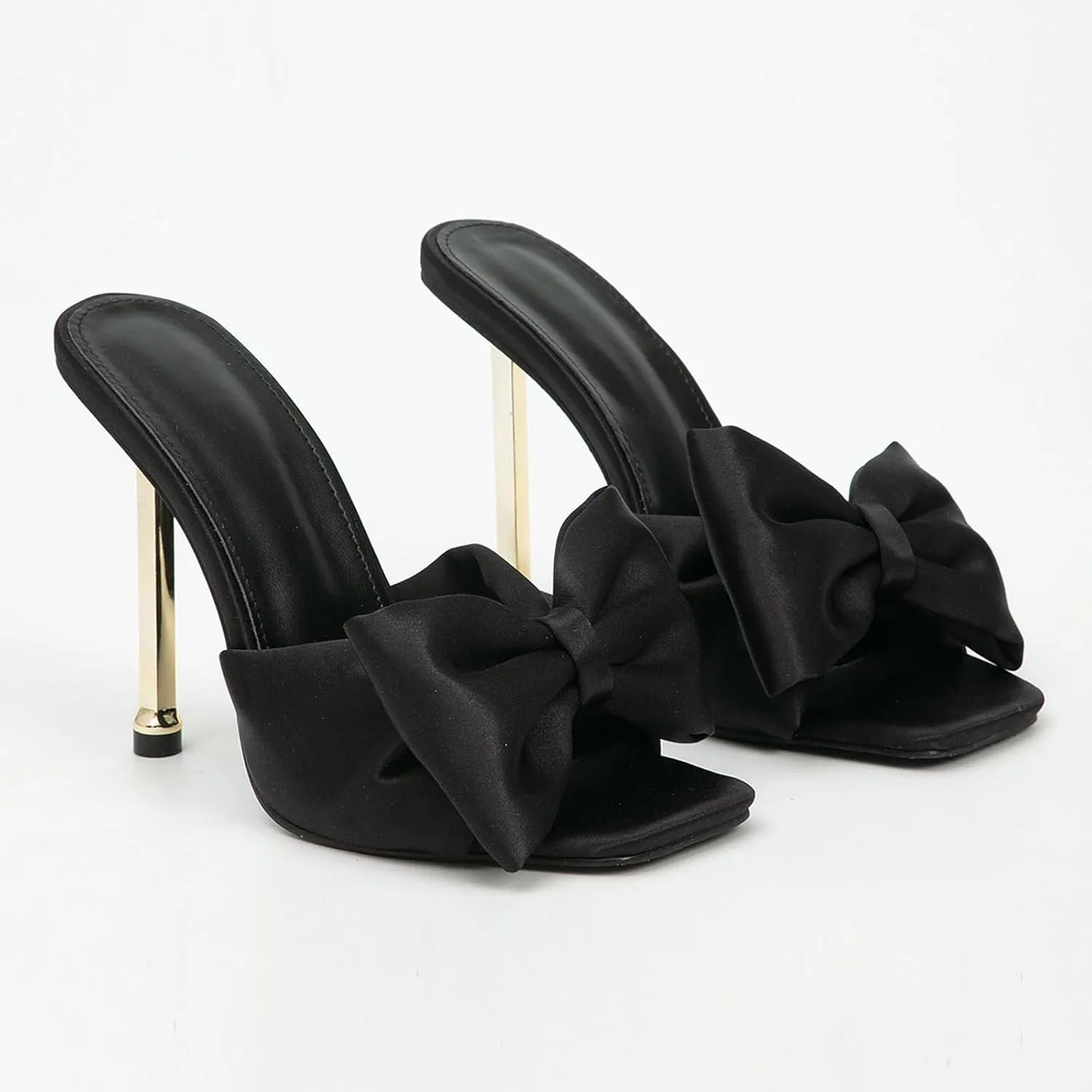 Lossarye Women's Square Open Toe Bow Stiletto Heel Mules Comfortable Satin Slip On Wedding Bridal Party Dress High Heels Sandals