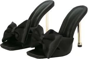 Lossarye Women's Square Open Toe Bow Stiletto Heel Mules Comfortable Satin Slip On Wedding Bridal Party Dress High Heels Sandals